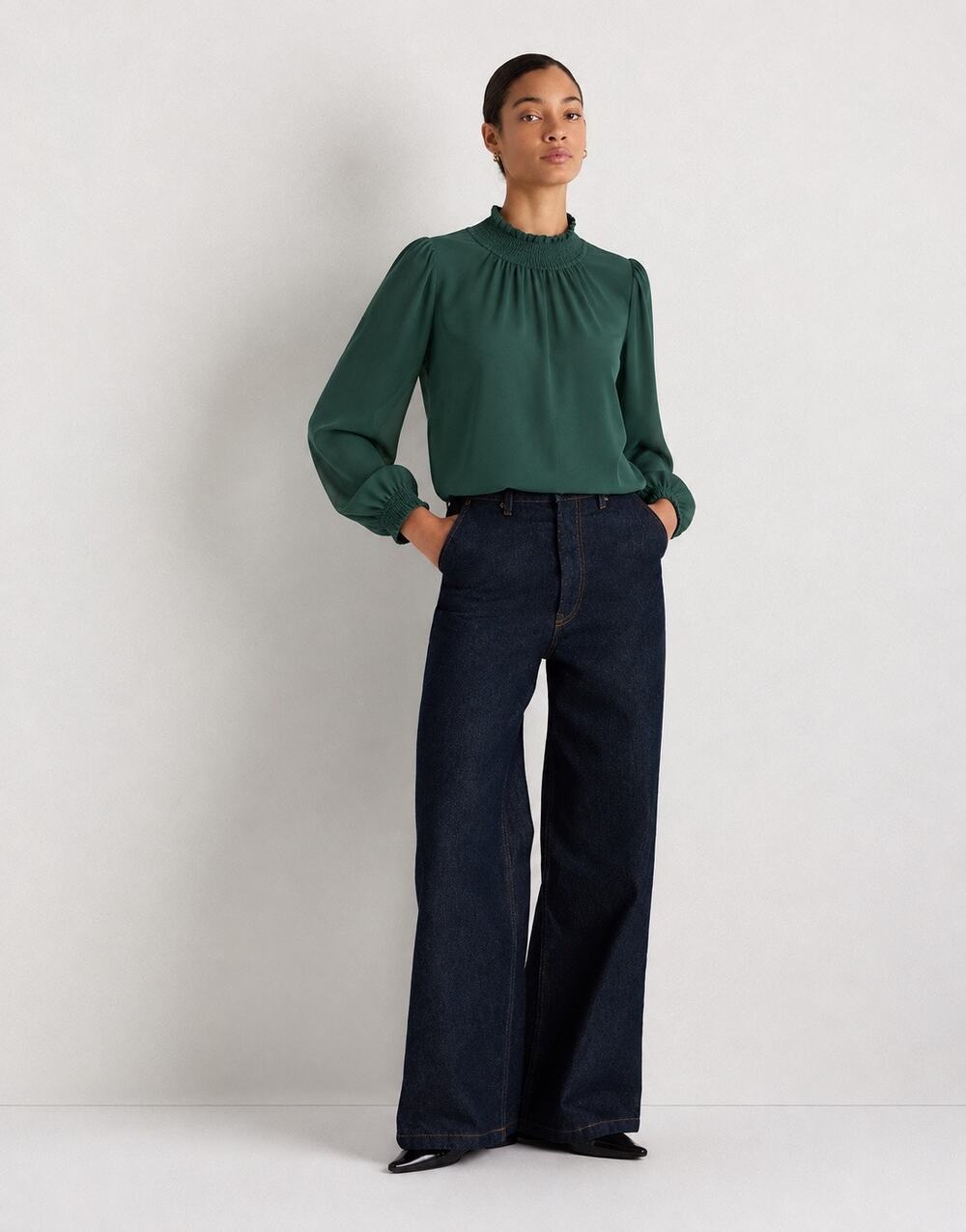 J. Crew Women’s Smocked Mock Neck Blouse Green Large